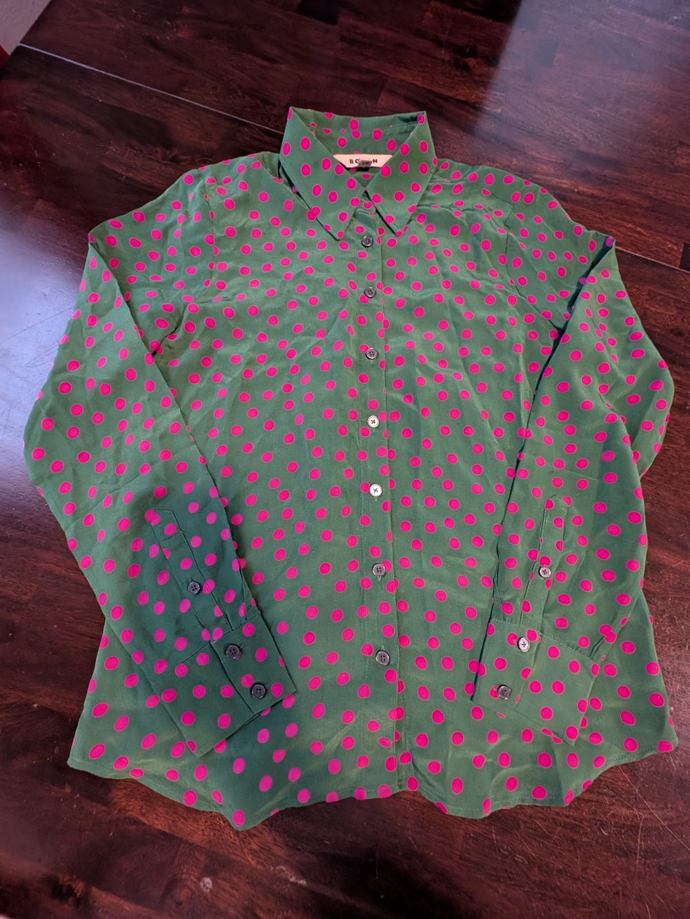 Boden Sienna 100% Silk Green Button-Down Shirt with Pink Polka Dots, Women's 6